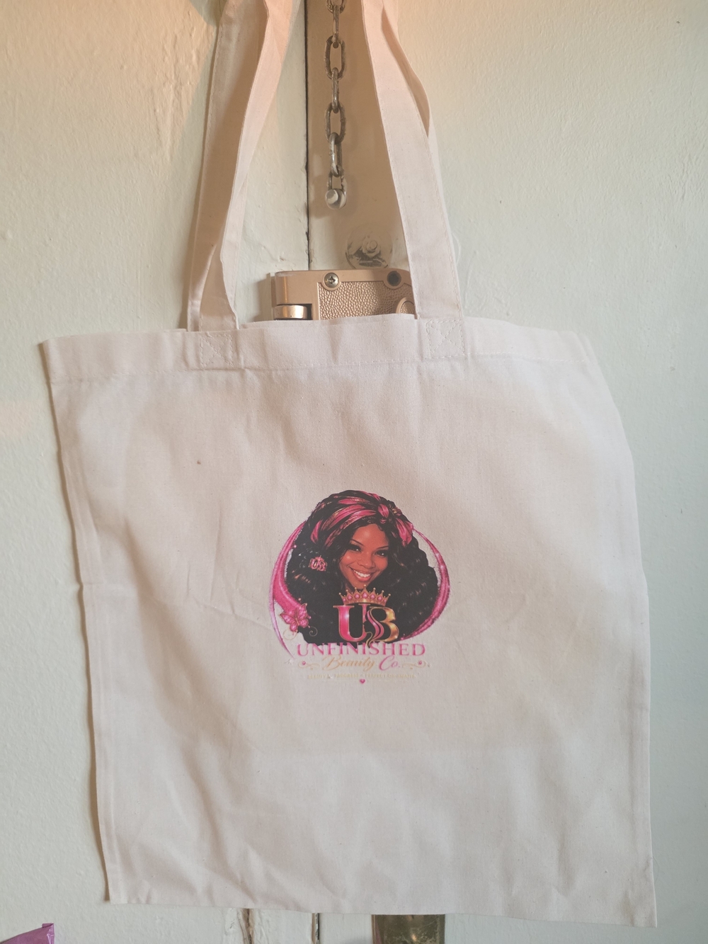 Unfinished Beauty Co. Cream Canvas Tote with Pink Graphic